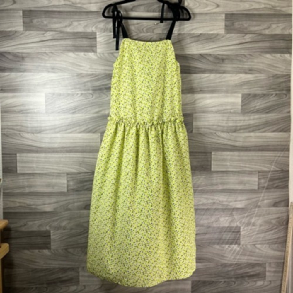Topshop Midi Dress Women's 6 Yellow‎ Greeen Floral Ruffle Drop Waist Tie Strap